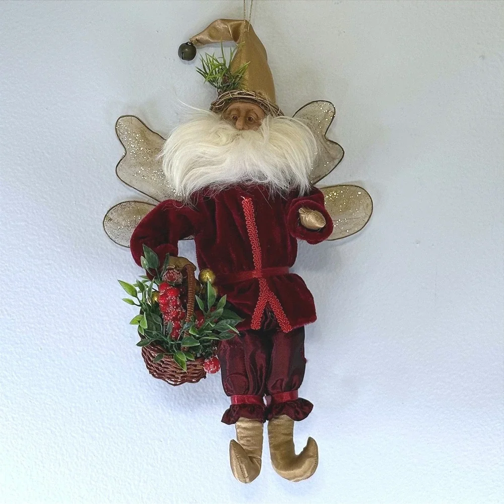 Seasons of Cannon Falls Burgundy Velvet Christmas Elf Fairy Ornament Posable 12